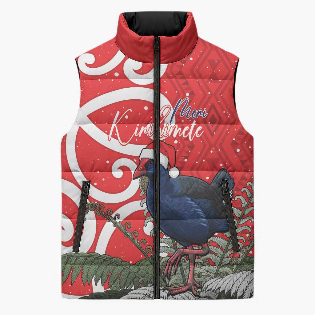 Personalized New Zealand Pukeko Christmas Sleeveless Puffer Jacket Meri Kirihimete Taniko Ponga Koru Red - Polynesian Pride