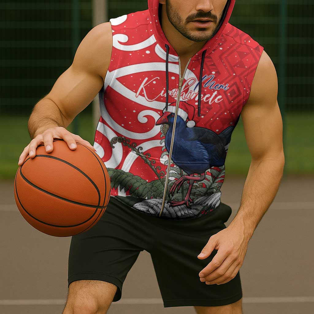 Personalized New Zealand Pukeko Christmas Sleeveless Zip Hoodie Meri Kirihimete Taniko Ponga Koru Red - Polynesian Pride