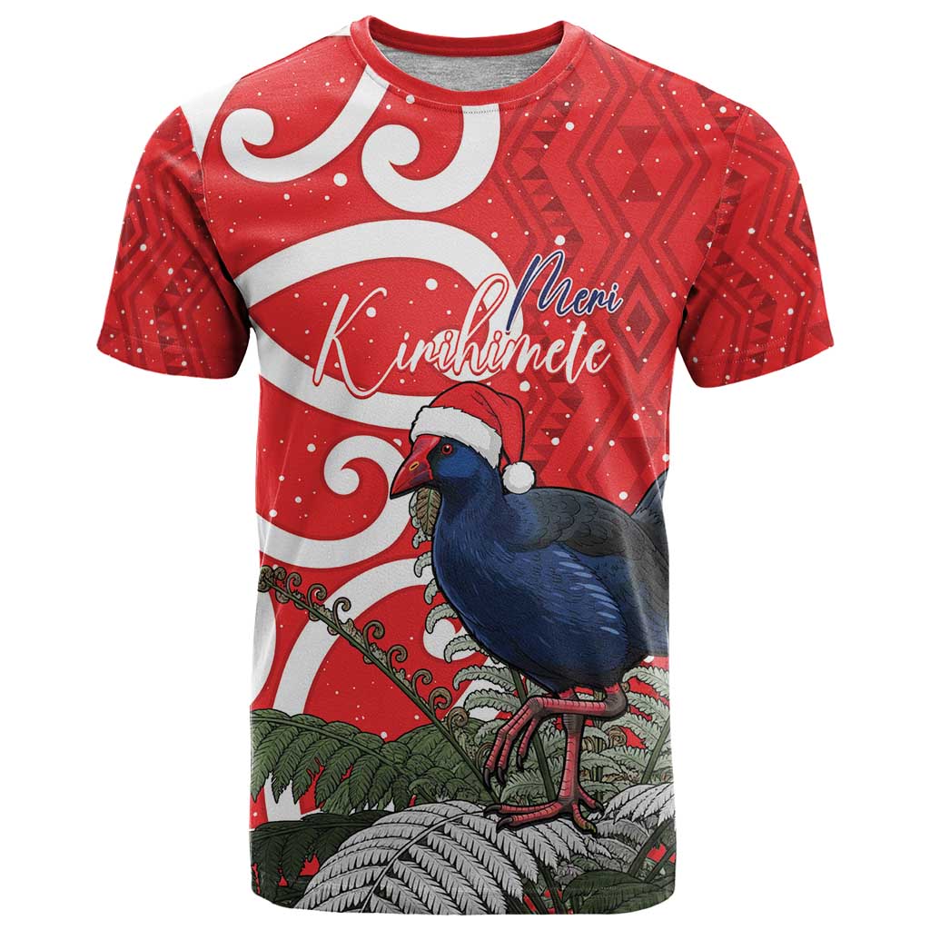 Personalized New Zealand Pukeko Christmas T Shirt Meri Kirihimete Taniko Ponga Koru Red - Polynesian Pride