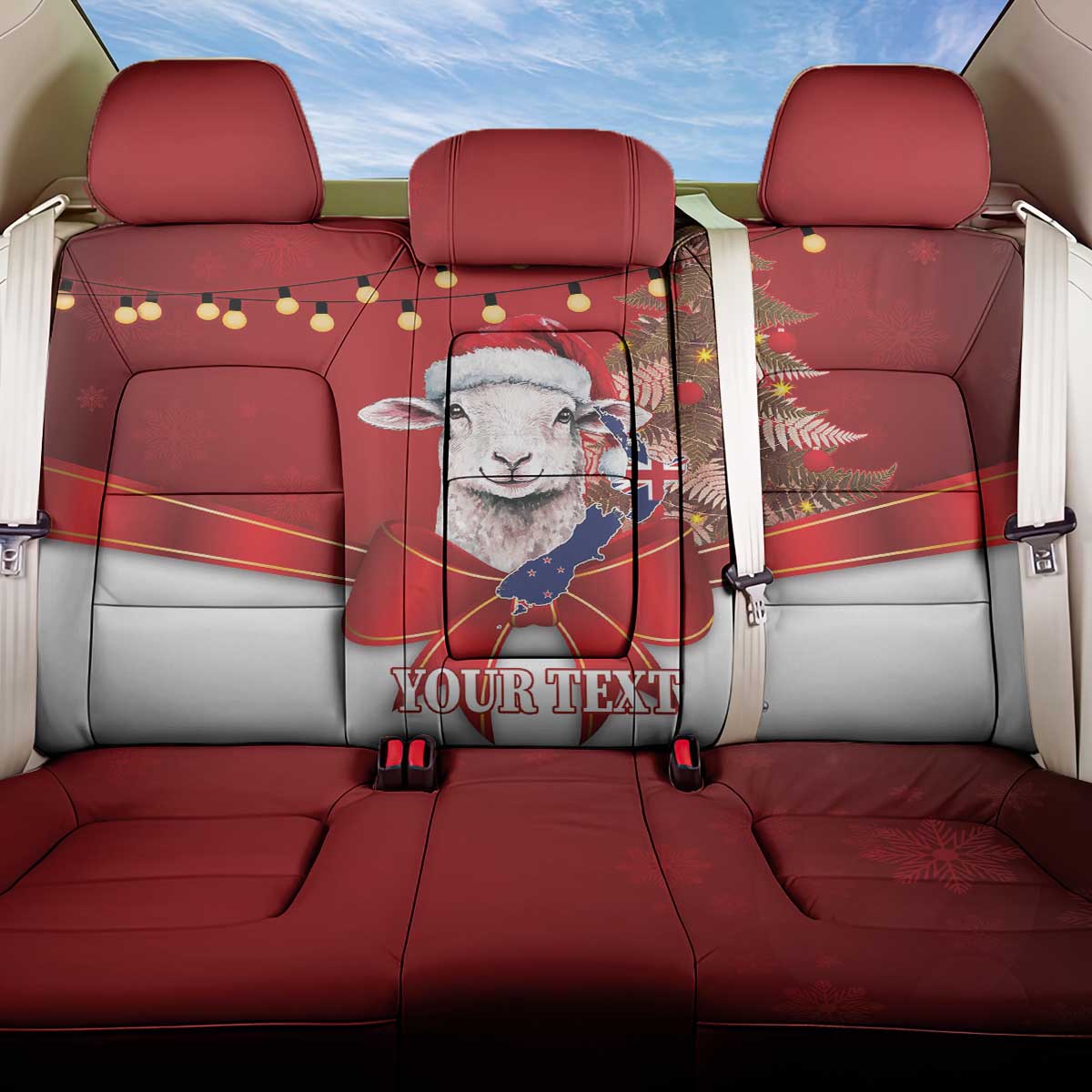 Personalized New Zealand Sheep Christmas Back Car Seat Cover Hipi Meri Kirihimete Silver Fern Xmas Tree - Polynesian Pride