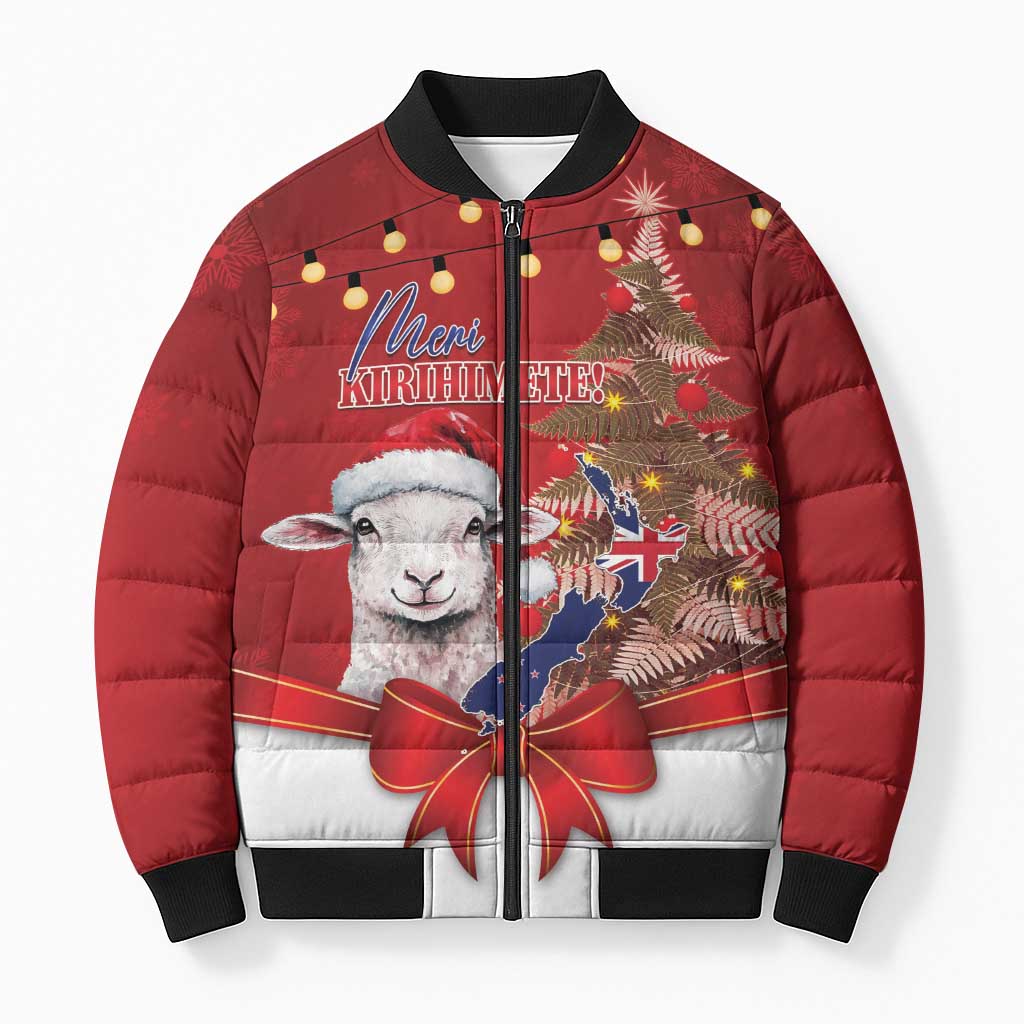 Personalized New Zealand Sheep Christmas Bomber Puffer Jacket Hipi Meri Kirihimete Silver Fern Xmas Tree - Polynesian Pride