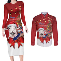 Personalized New Zealand Sheep Christmas Couples Matching Long Sleeve Bodycon Dress and Long Sleeve Button Shirt Hipi Meri Kirihimete Silver Fern Xmas Tree - Polynesian Pride