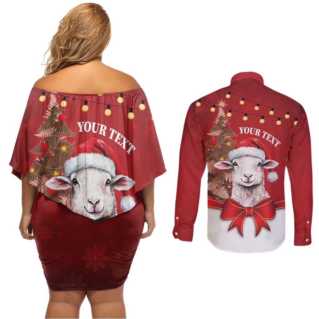 Personalized New Zealand Sheep Christmas Couples Matching Off Shoulder Short Dress and Long Sleeve Button Shirt Hipi Meri Kirihimete Silver Fern Xmas Tree - Polynesian Pride