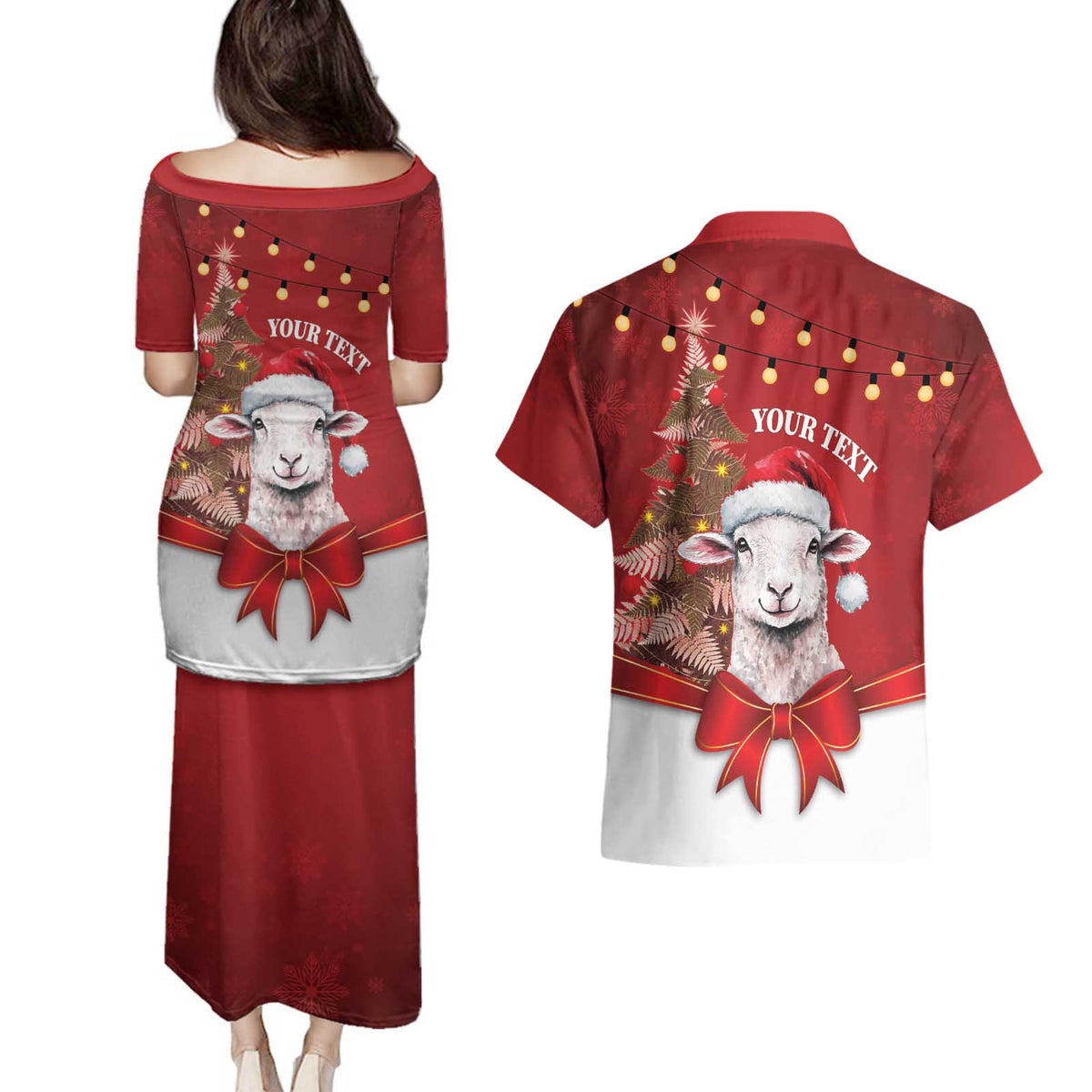 Personalized New Zealand Sheep Christmas Couples Matching Puletasi and Hawaiian Shirt Hipi Meri Kirihimete Silver Fern Xmas Tree LT14 - Polynesian Pride