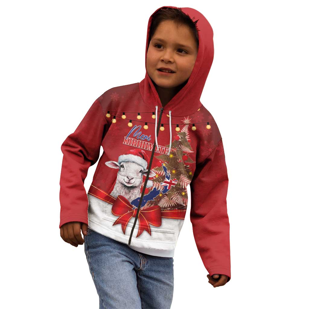Personalized New Zealand Sheep Christmas Kid Hoodie Hipi Meri Kirihimete Silver Fern Xmas Tree - Polynesian Pride