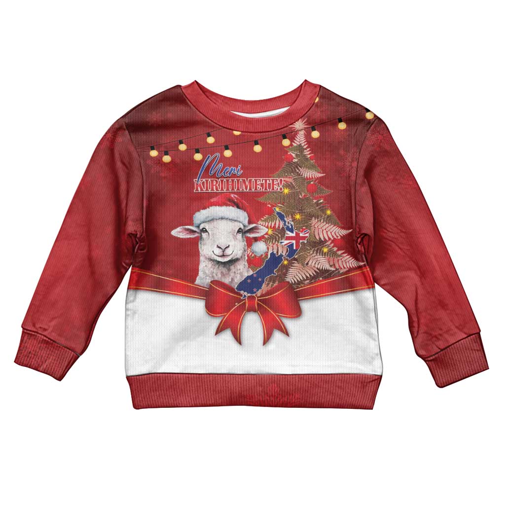Personalized New Zealand Sheep Christmas Kid Ugly Christmas Sweater Hipi Meri Kirihimete Silver Fern Xmas Tree LT14 Kid Red - Polynesian Pride