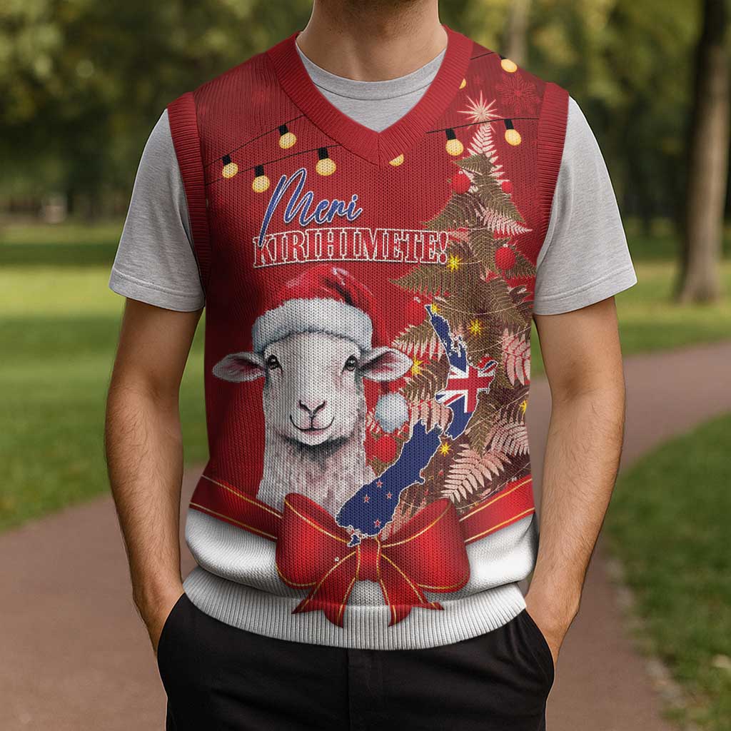 Personalized New Zealand Sheep Christmas Knitted V-Neck Vest Hipi Meri Kirihimete Silver Fern Xmas Tree - Polynesian Pride