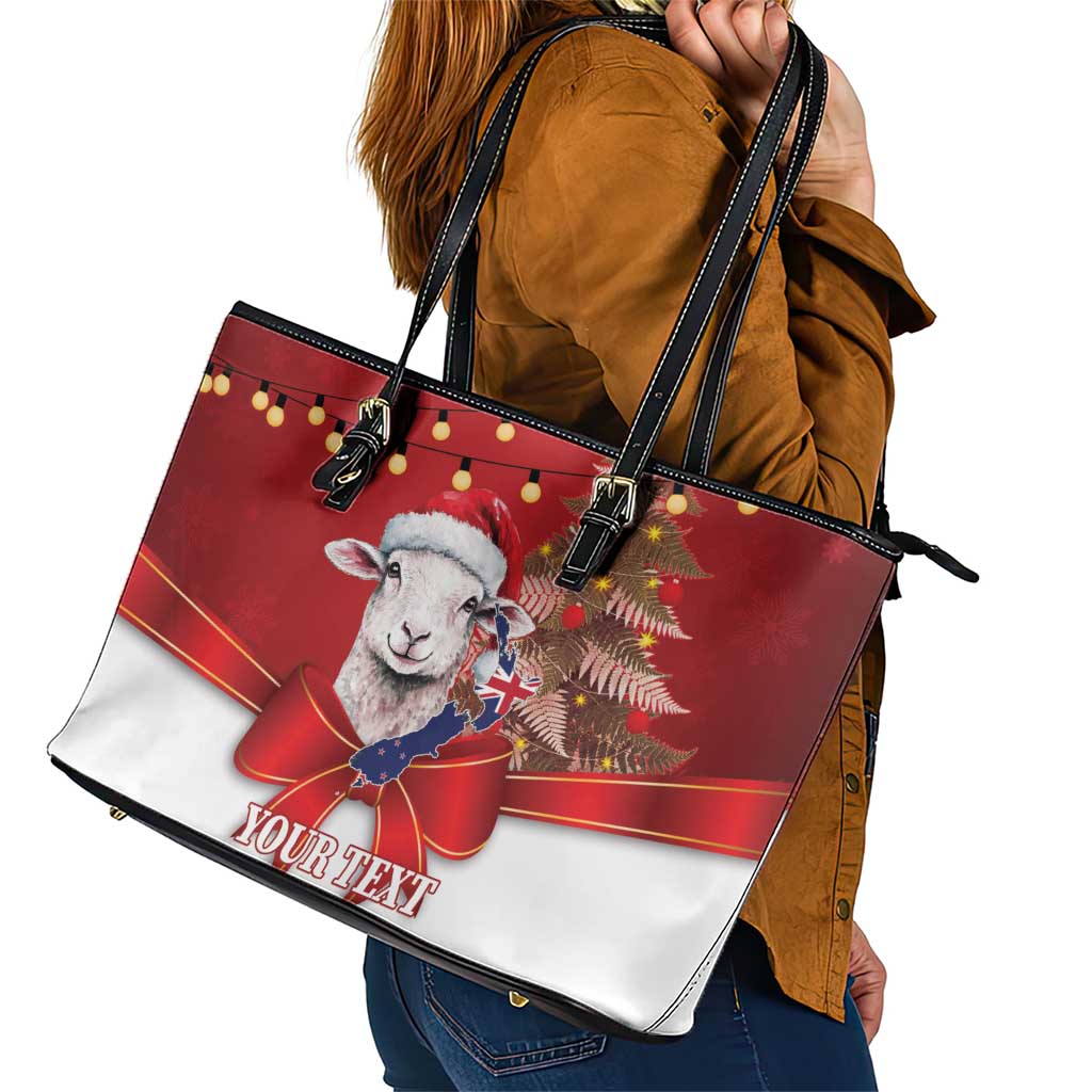 Personalized New Zealand Sheep Christmas Leather Tote Bag Hipi Meri Kirihimete Silver Fern Xmas Tree - Polynesian Pride