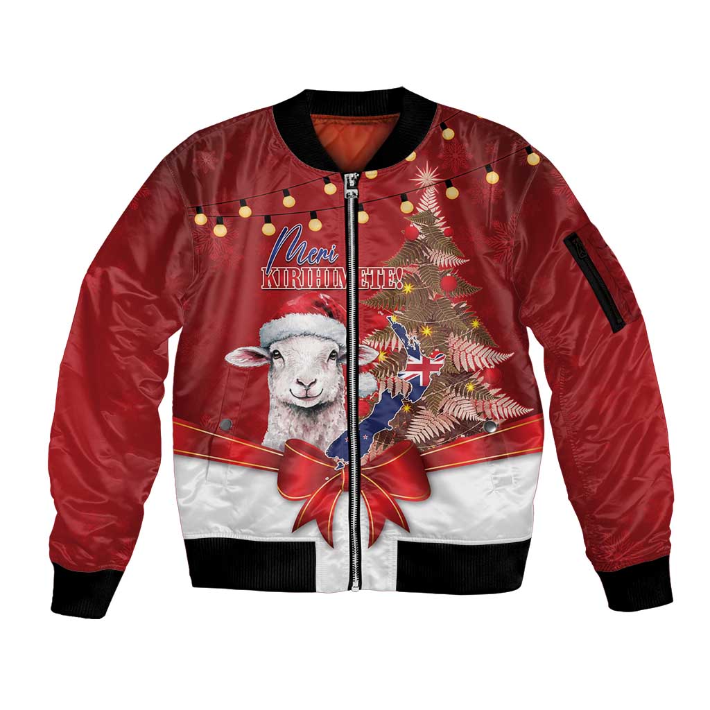 Personalized New Zealand Sheep Christmas Sleeve Zip Bomber Jacket Hipi Meri Kirihimete Silver Fern Xmas Tree LT14 Unisex Red - Polynesian Pride