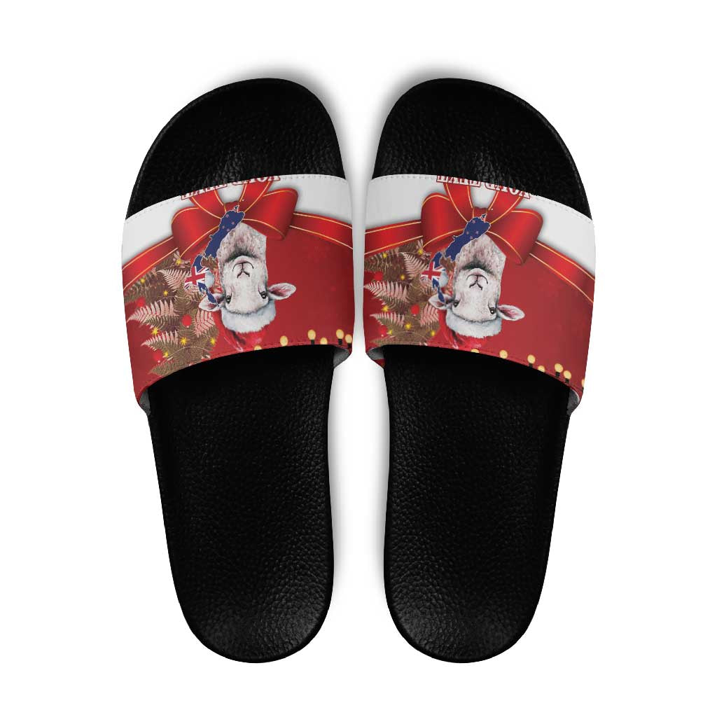 Personalized New Zealand Sheep Christmas Slide Sandals Hipi Meri Kirihimete Silver Fern Xmas Tree LT14 Red - Polynesian Pride