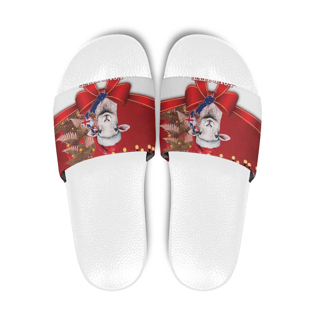 Personalized New Zealand Sheep Christmas Slide Sandals Hipi Meri Kirihimete Silver Fern Xmas Tree LT14 Red - Polynesian Pride