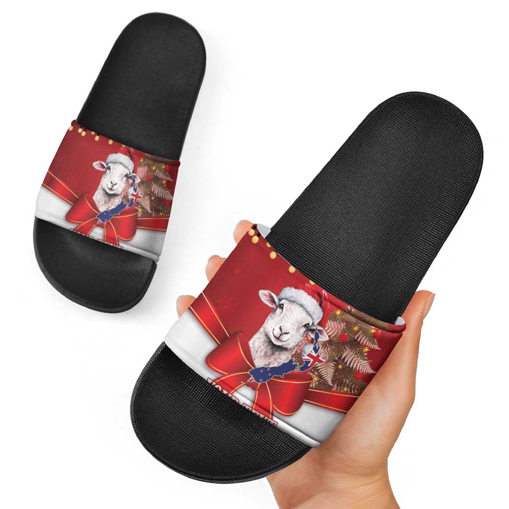 Personalized New Zealand Sheep Christmas Slide Sandals Hipi Meri Kirihimete Silver Fern Xmas Tree LT14 - Polynesian Pride