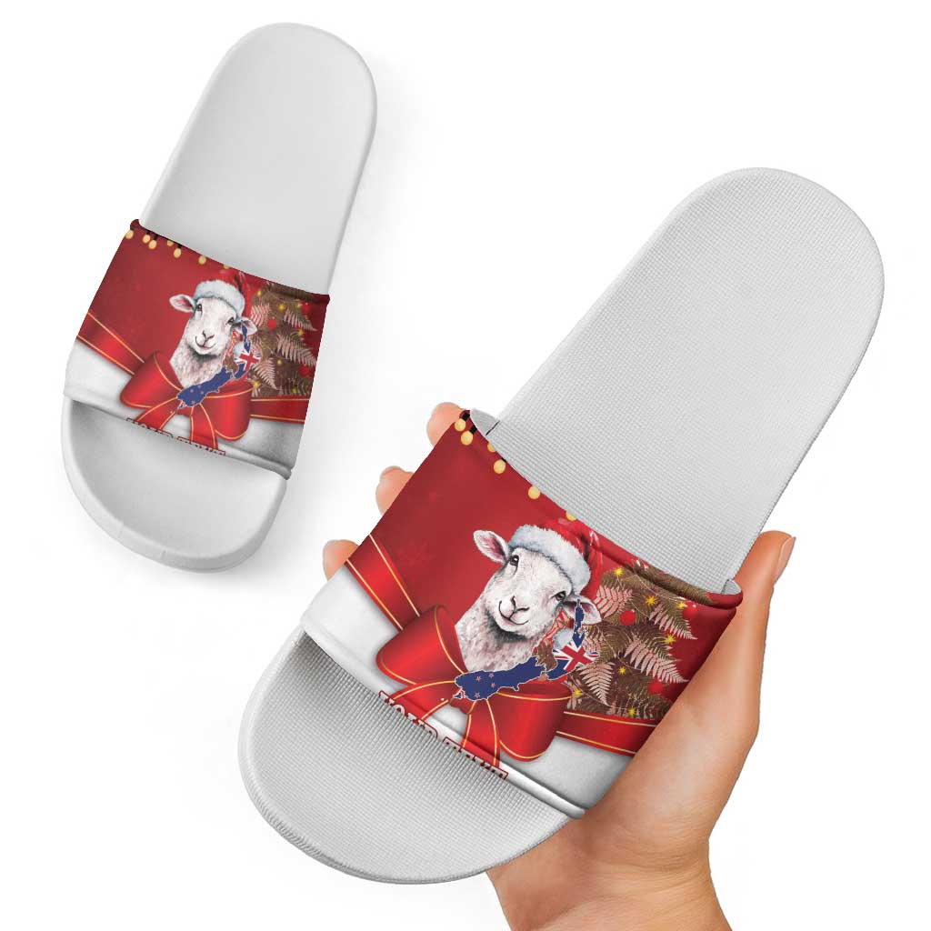 Personalized New Zealand Sheep Christmas Slide Sandals Hipi Meri Kirihimete Silver Fern Xmas Tree LT14 - Polynesian Pride