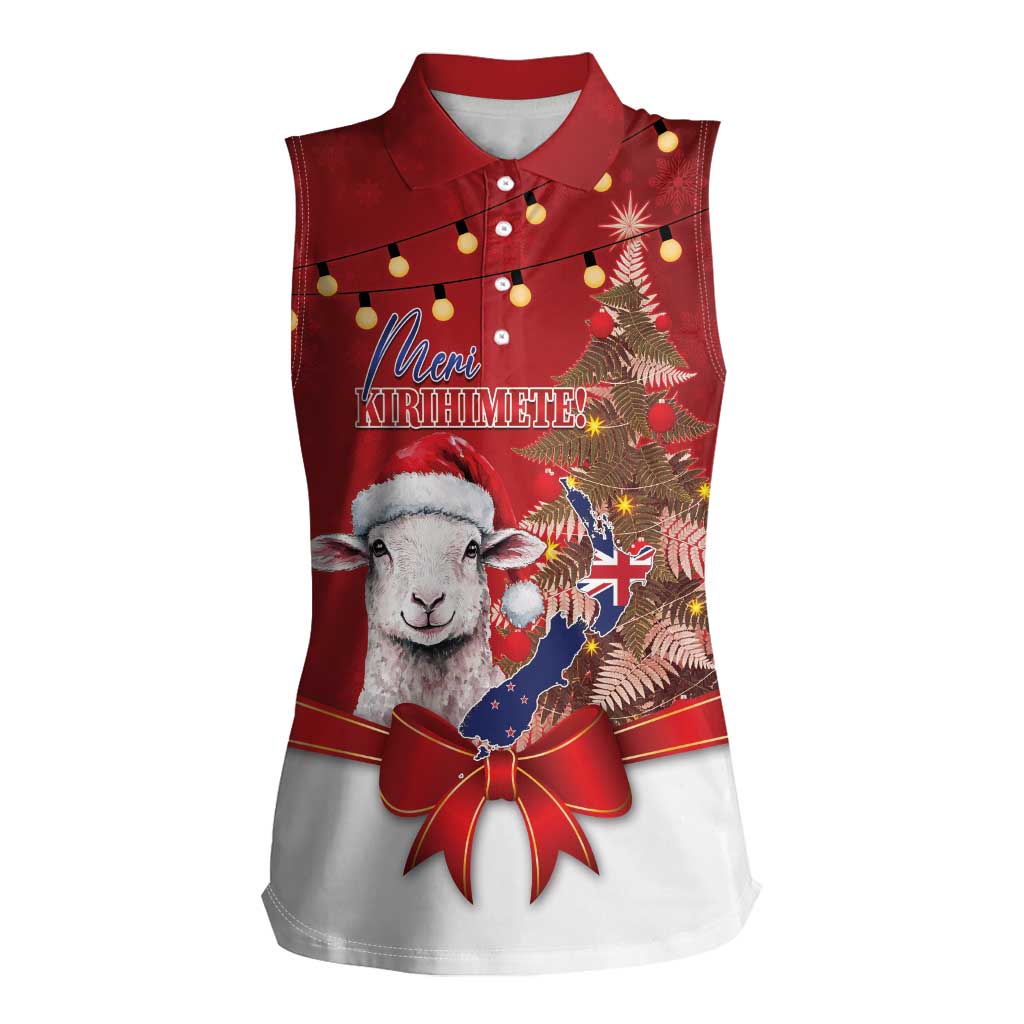 Personalized New Zealand Sheep Christmas Women Sleeveless Polo Shirt Hipi Meri Kirihimete Silver Fern Xmas Tree - Polynesian Pride