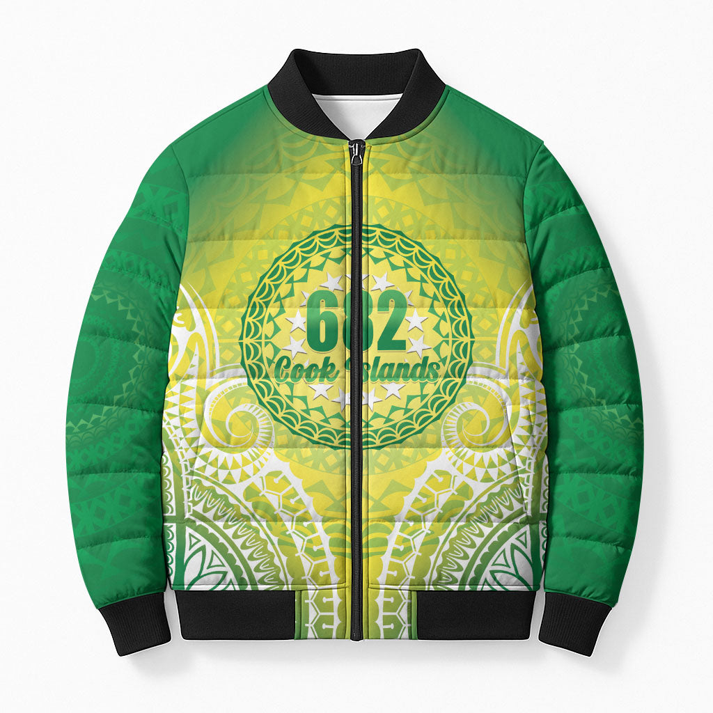 Cook Islands 682 Bomber Puffer Jacket Kuki 'Airani Area Code Proud LT14 Unisex Green - Polynesian Pride
