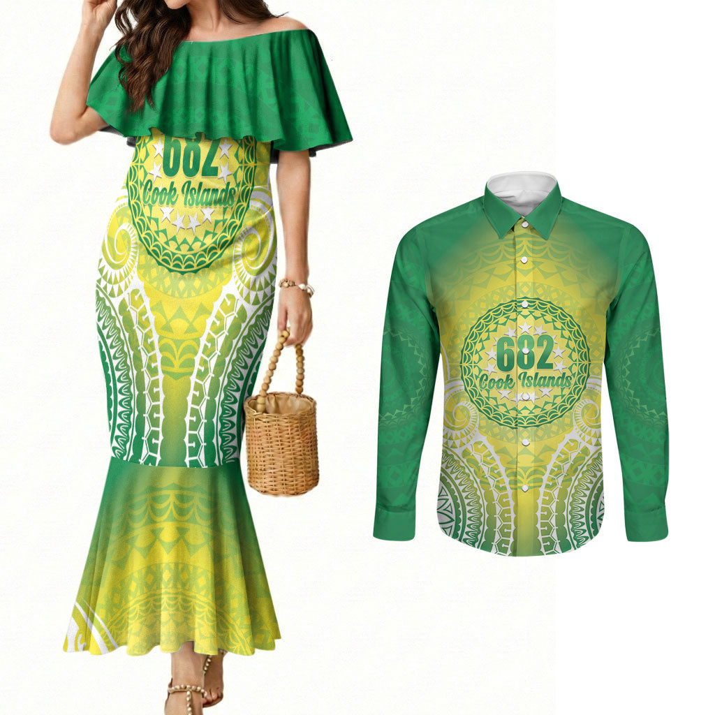 Cook Islands 682 Couples Matching Mermaid Dress and Long Sleeve Button Shirt Kuki 'Airani Area Code Proud LT14 Green - Polynesian Pride