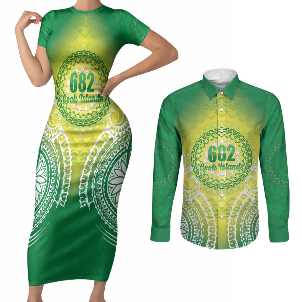 Cook Islands 682 Couples Matching Short Sleeve Bodycon Dress and Long Sleeve Button Shirt Kuki 'Airani Area Code Proud LT14 Green - Polynesian Pride