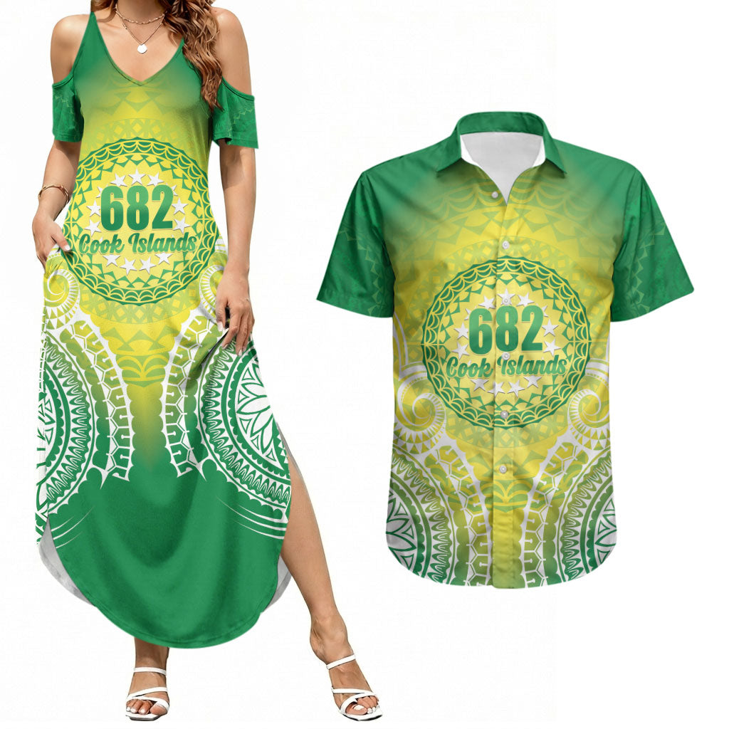 Cook Islands 682 Couples Matching Summer Maxi Dress and Hawaiian Shirt Kuki 'Airani Area Code Proud LT14 Green - Polynesian Pride