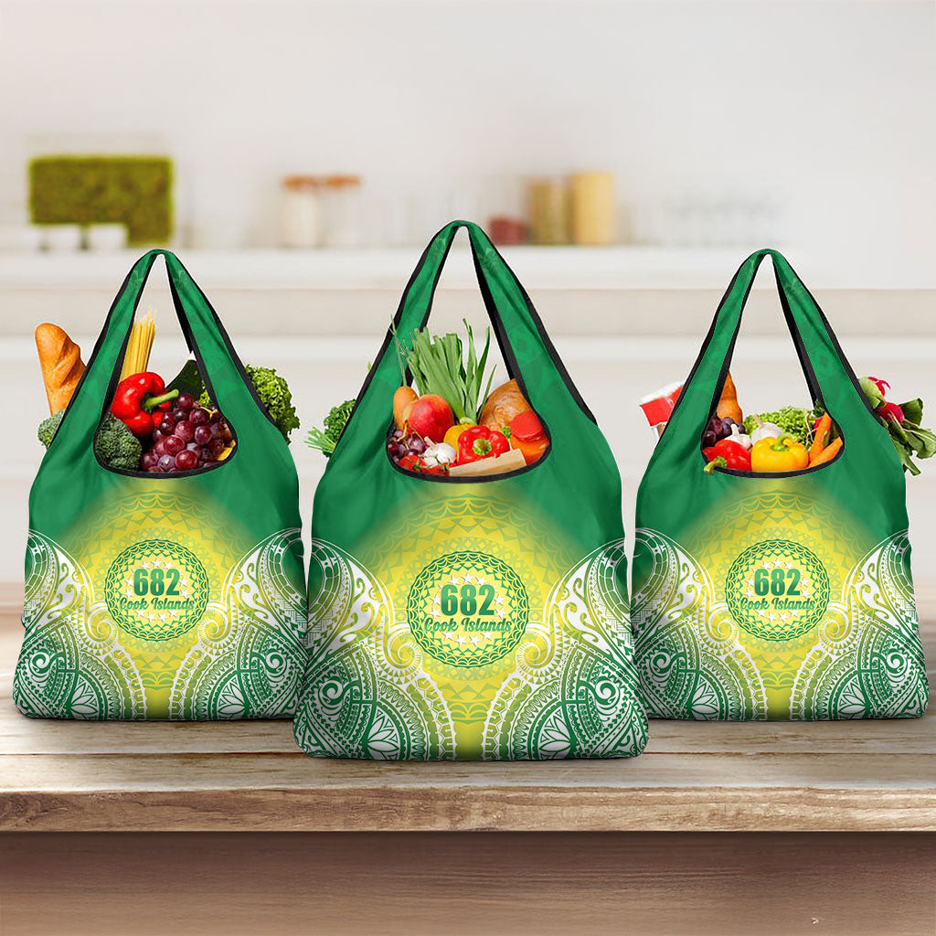 Cook Islands 682 Grocery Bag Kuki 'Airani Area Code Proud LT14 3-pack One Size Green - Polynesian Pride