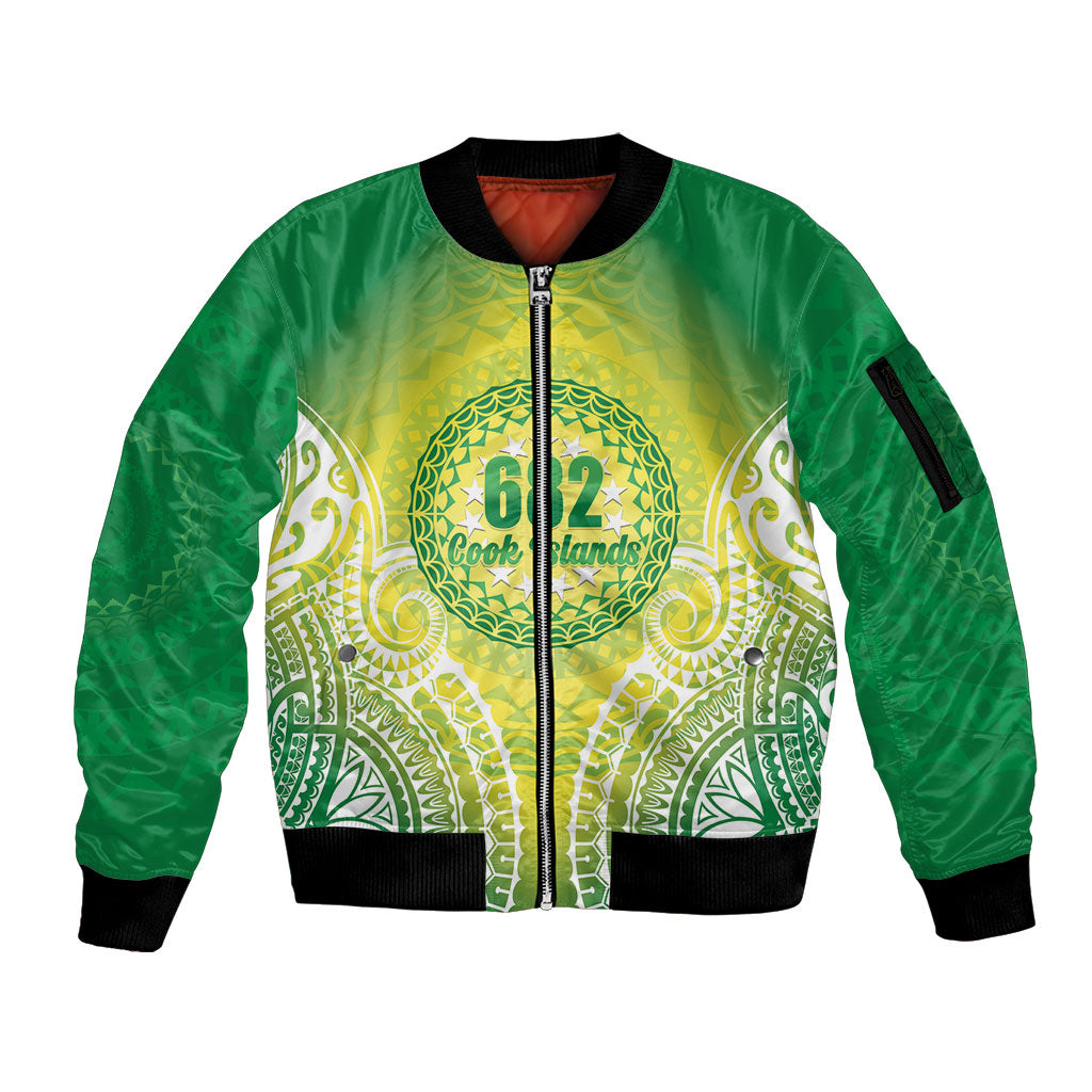 Cook Islands 682 Sleeve Zip Bomber Jacket Kuki 'Airani Area Code Proud LT14 Unisex Green - Polynesian Pride