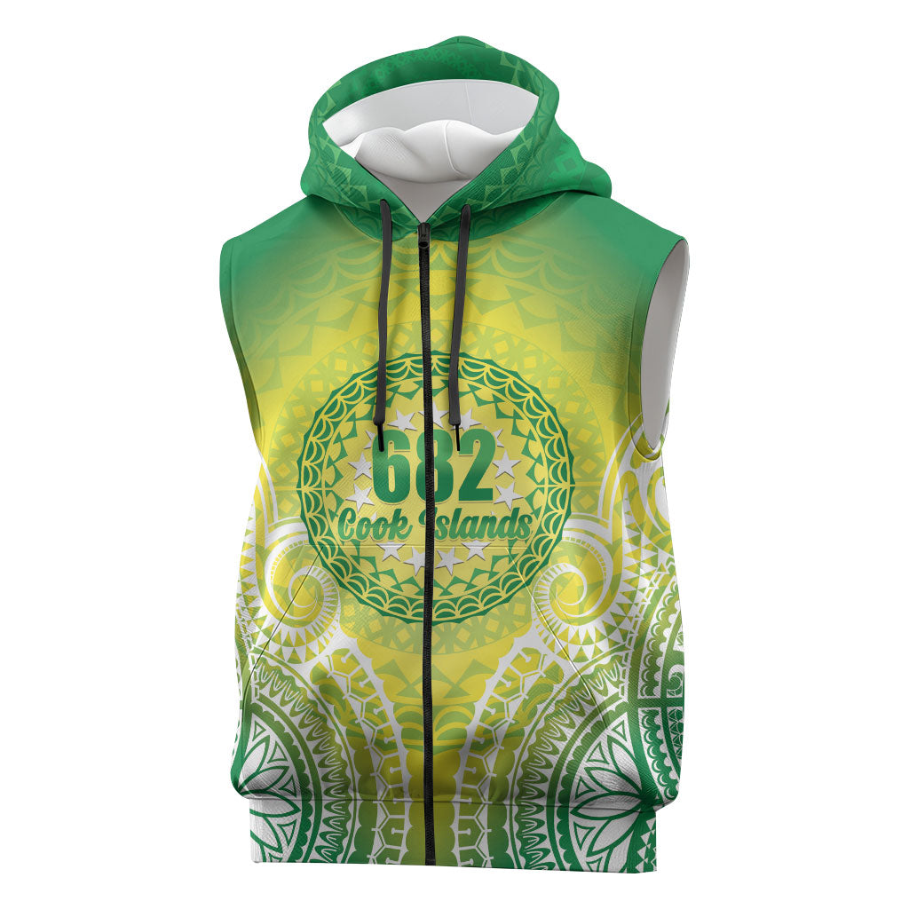 Cook Islands 682 Sleeveless Zip Hoodie Kuki 'Airani Area Code Proud LT14 Green - Polynesian Pride