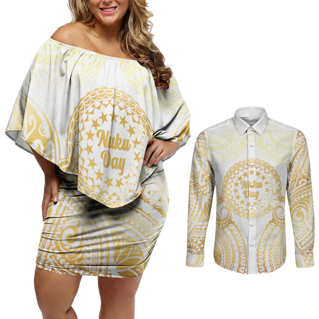 Cook Islands Gospel Day Couples Matching Off Shoulder Short Dress and Long Sleeve Button Shirt Happy Nuku Day Tiare Maori Gold LT14 Gold - Polynesian Pride