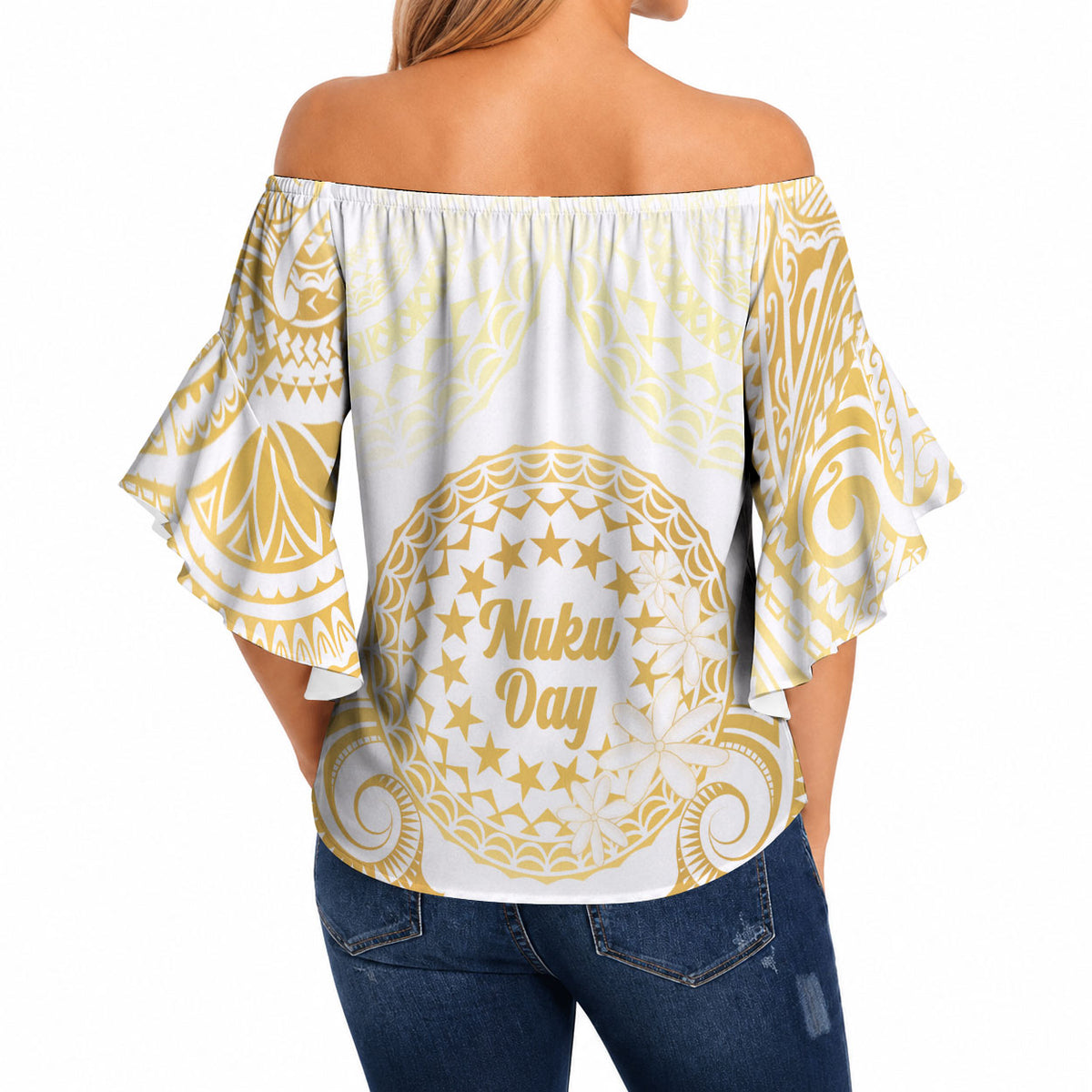 Cook Islands Gospel Day Off Shoulder Wrap Waist Top Happy Nuku Day Tiare Maori Gold LT14 - Polynesian Pride