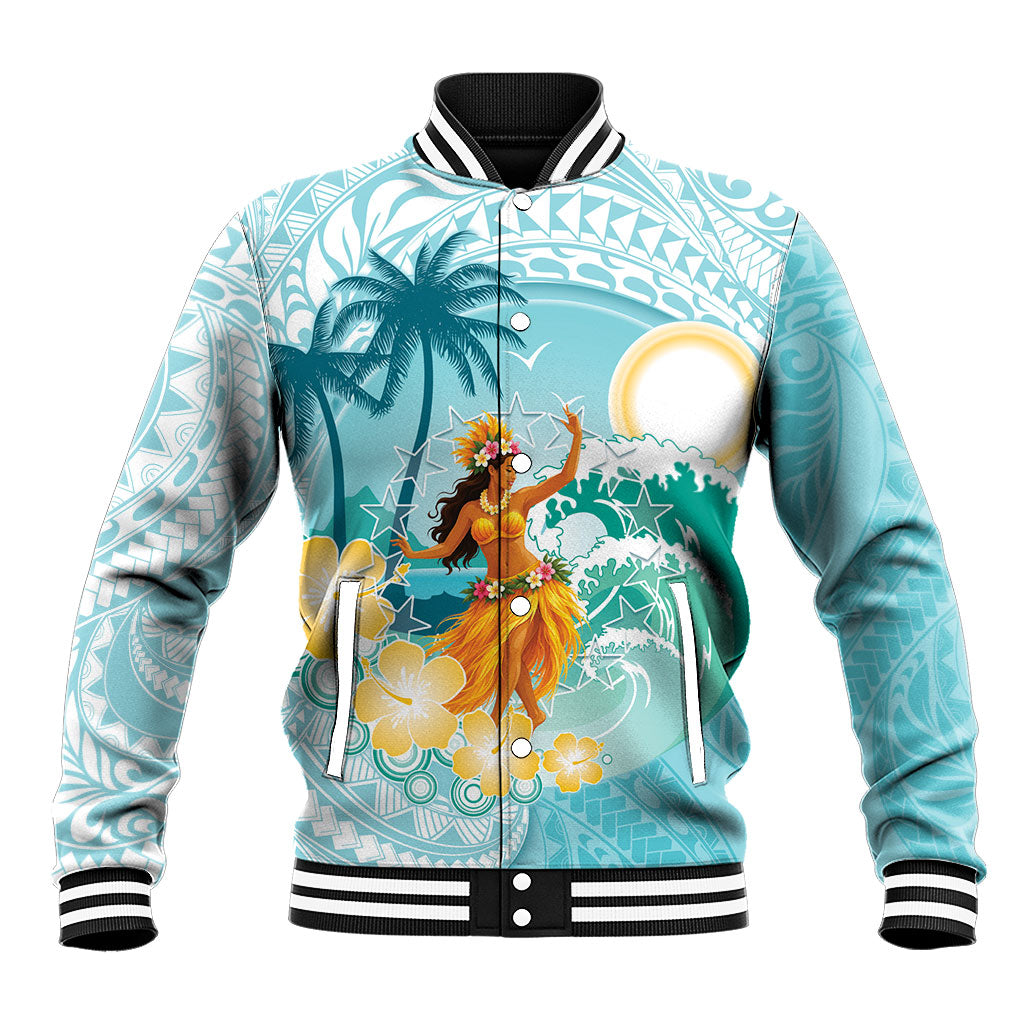 Ura Cook Islands Baseball Jacket Kuki 'Airani Traditional Dance Tropical Vibes LT14 Unisex Cyan - Polynesian Pride