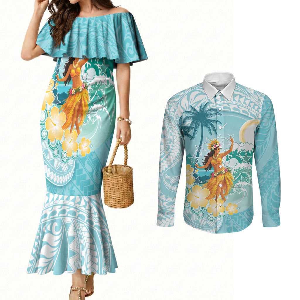 Ura Cook Islands Couples Matching Mermaid Dress and Long Sleeve Button Shirt Kuki 'Airani Traditional Dance Tropical Vibes LT14 Cyan - Polynesian Pride