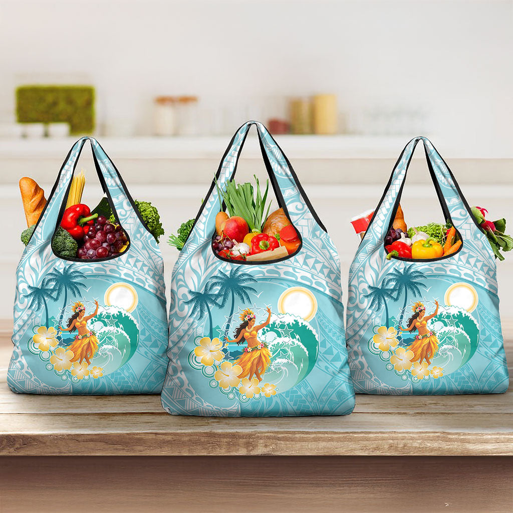 Ura Cook Islands Grocery Bag Kuki 'Airani Traditional Dance Tropical Vibes LT14 3-pack One Size Cyan - Polynesian Pride