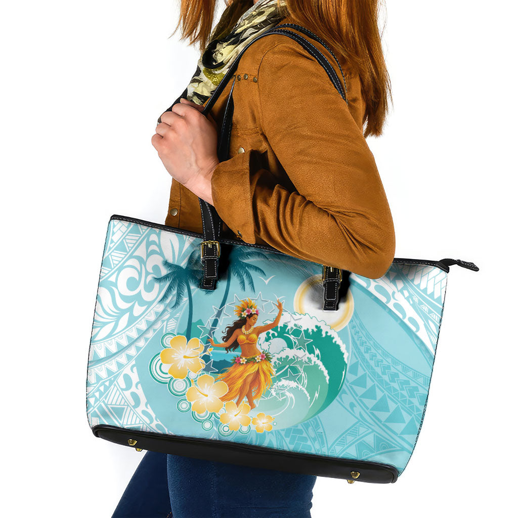 Ura Cook Islands Leather Tote Bag Kuki 'Airani Traditional Dance Tropical Vibes LT14 Cyan - Polynesian Pride