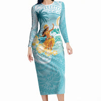 Ura Cook Islands Long Sleeve Bodycon Dress Kuki 'Airani Traditional Dance Tropical Vibes LT14 Long Dress Cyan - Polynesian Pride