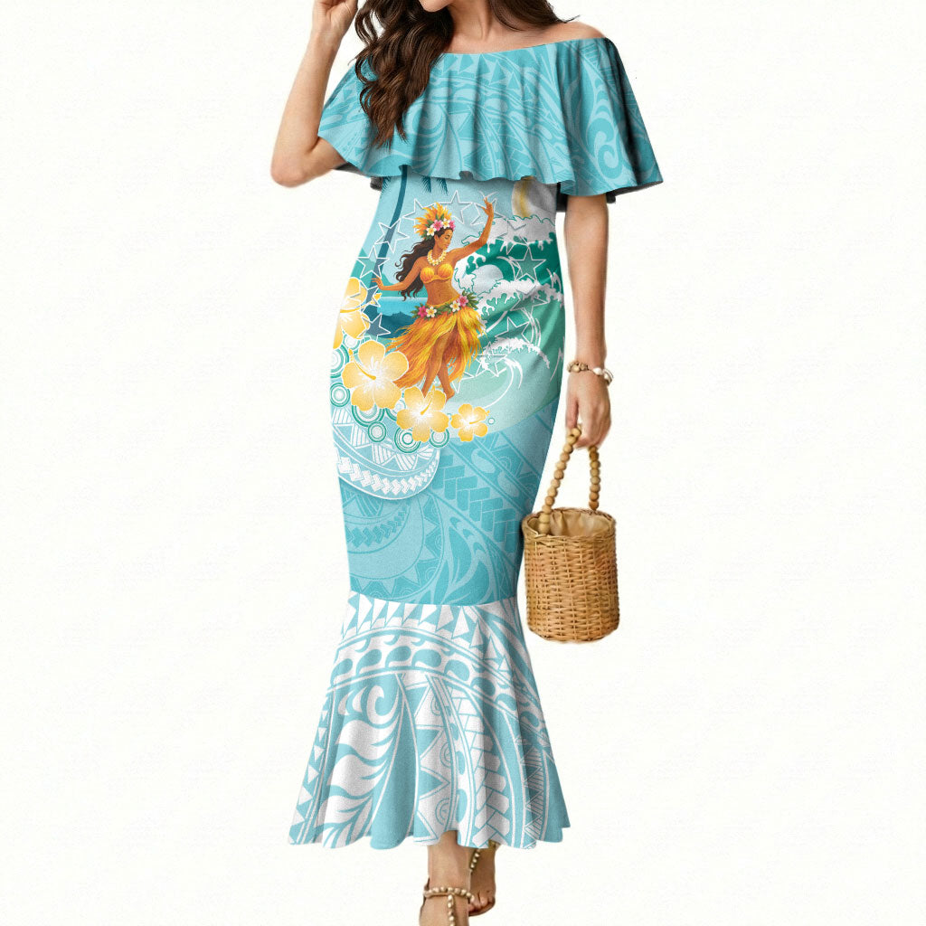 Ura Cook Islands Mermaid Dress Kuki 'Airani Traditional Dance Tropical Vibes LT14 Women Cyan - Polynesian Pride