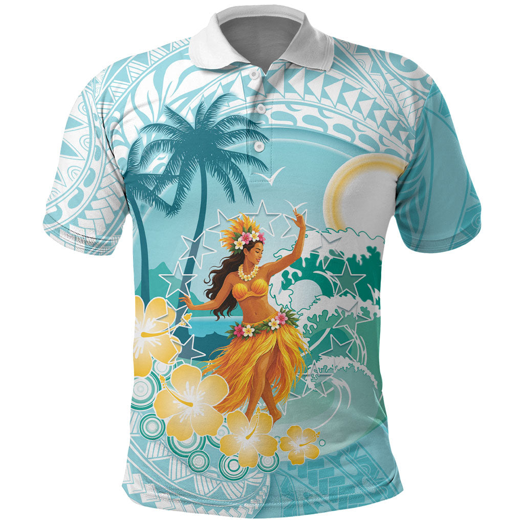 Ura Cook Islands Polo Shirt Kuki 'Airani Traditional Dance Tropical Vibes LT14 Cyan - Polynesian Pride