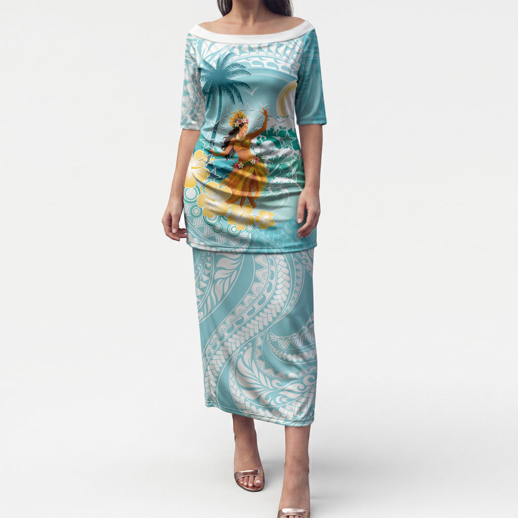 Ura Cook Islands Puletasi Kuki 'Airani Traditional Dance Tropical Vibes LT14 Long Dress Cyan - Polynesian Pride
