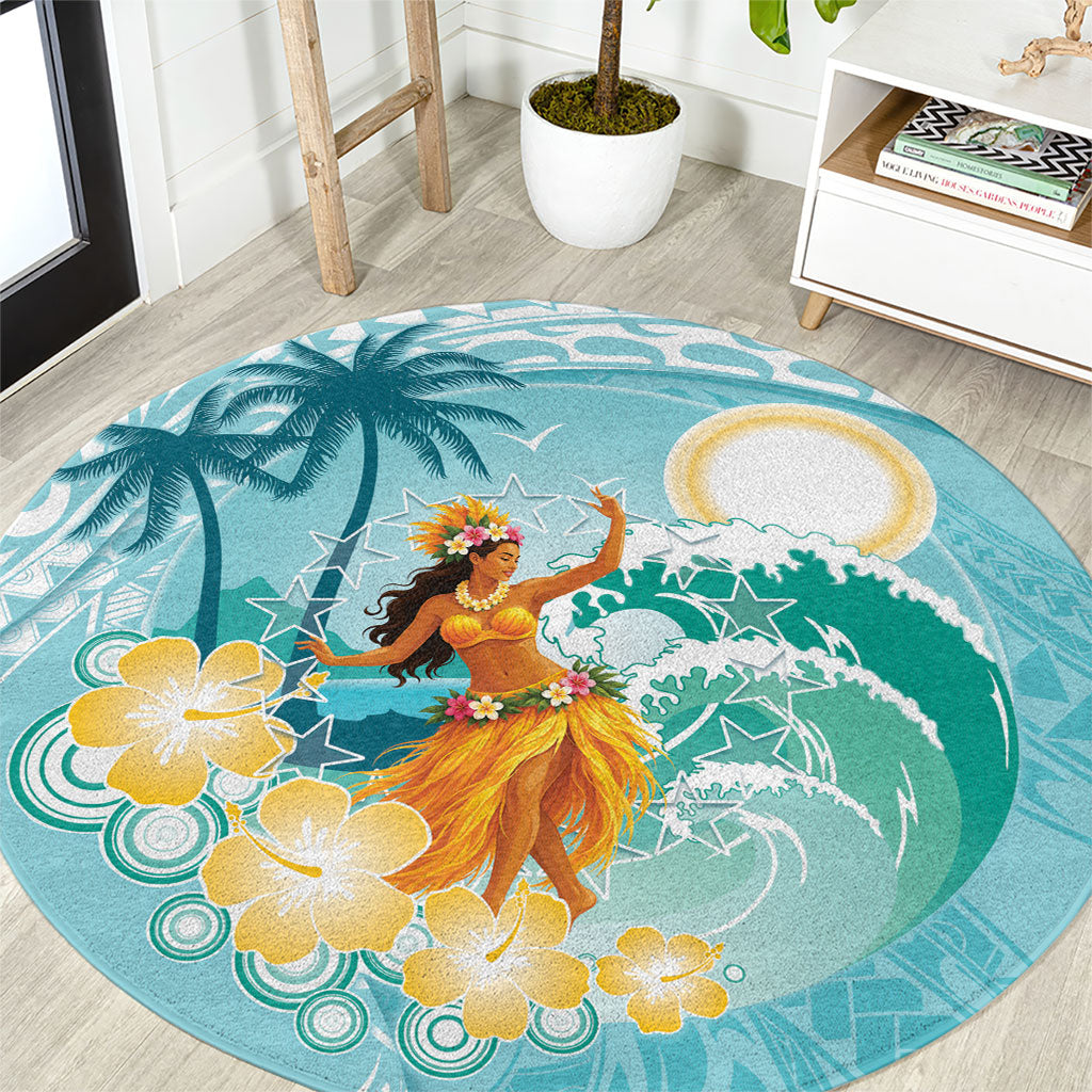 Ura Cook Islands Round Carpet Kuki 'Airani Traditional Dance Tropical Vibes LT14 Cyan - Polynesian Pride