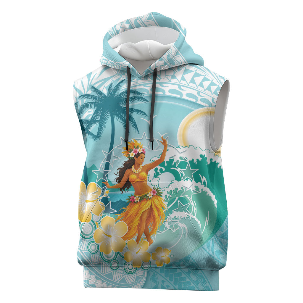 Ura Cook Islands Sleeveless Hoodie Kuki 'Airani Traditional Dance Tropical Vibes LT14 Cyan - Polynesian Pride