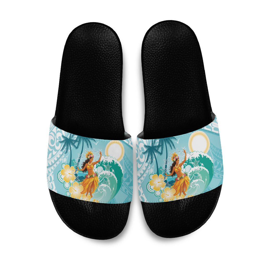 Ura Cook Islands Slide Sandals Kuki 'Airani Traditional Dance Tropical Vibes LT14 Cyan - Polynesian Pride