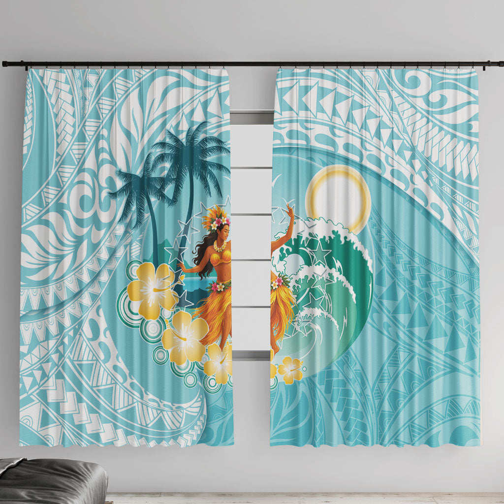 Ura Cook Islands Window Curtain Kuki 'Airani Traditional Dance Tropical Vibes LT14 With Hooks Cyan - Polynesian Pride