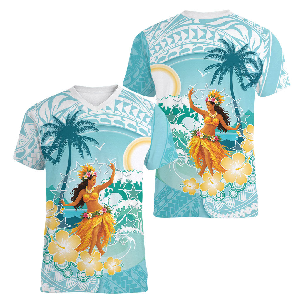 Ura Cook Islands Women V-Neck T-Shirt Kuki 'Airani Traditional Dance Tropical Vibes LT14 - Polynesian Pride