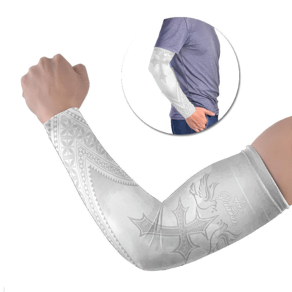 Peniamina Gospel Day Niue Arm Sleeves Cross Dove Hiapo Pattern White LT14 Set of 2 White - Polynesian Pride