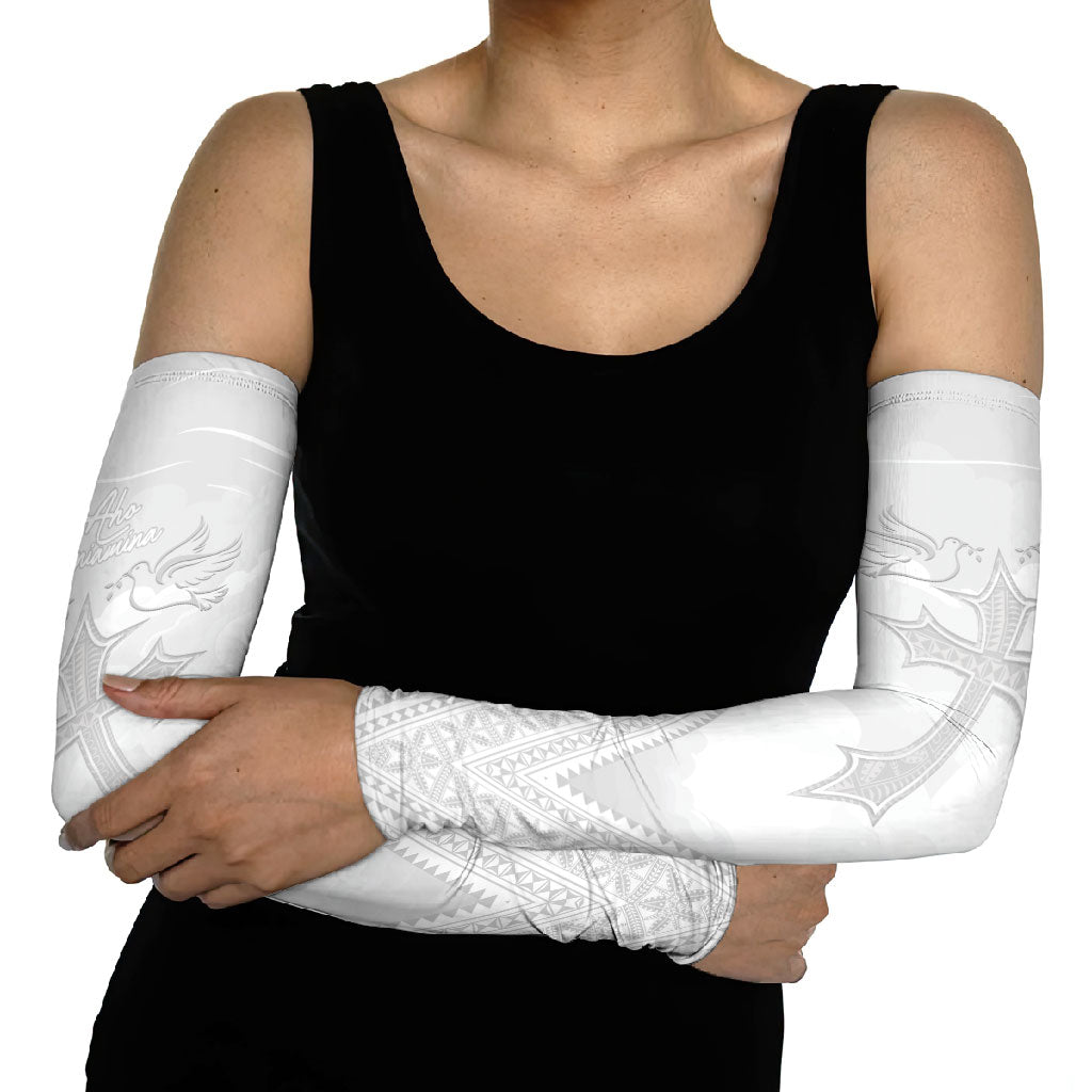 Peniamina Gospel Day Niue Arm Sleeves Cross Dove Hiapo Pattern White LT14 - Polynesian Pride