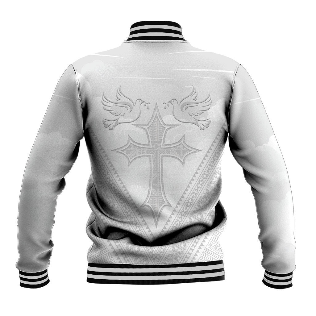 Peniamina Gospel Day Niue Baseball Jacket Cross Dove Hiapo Pattern White LT14 - Polynesian Pride