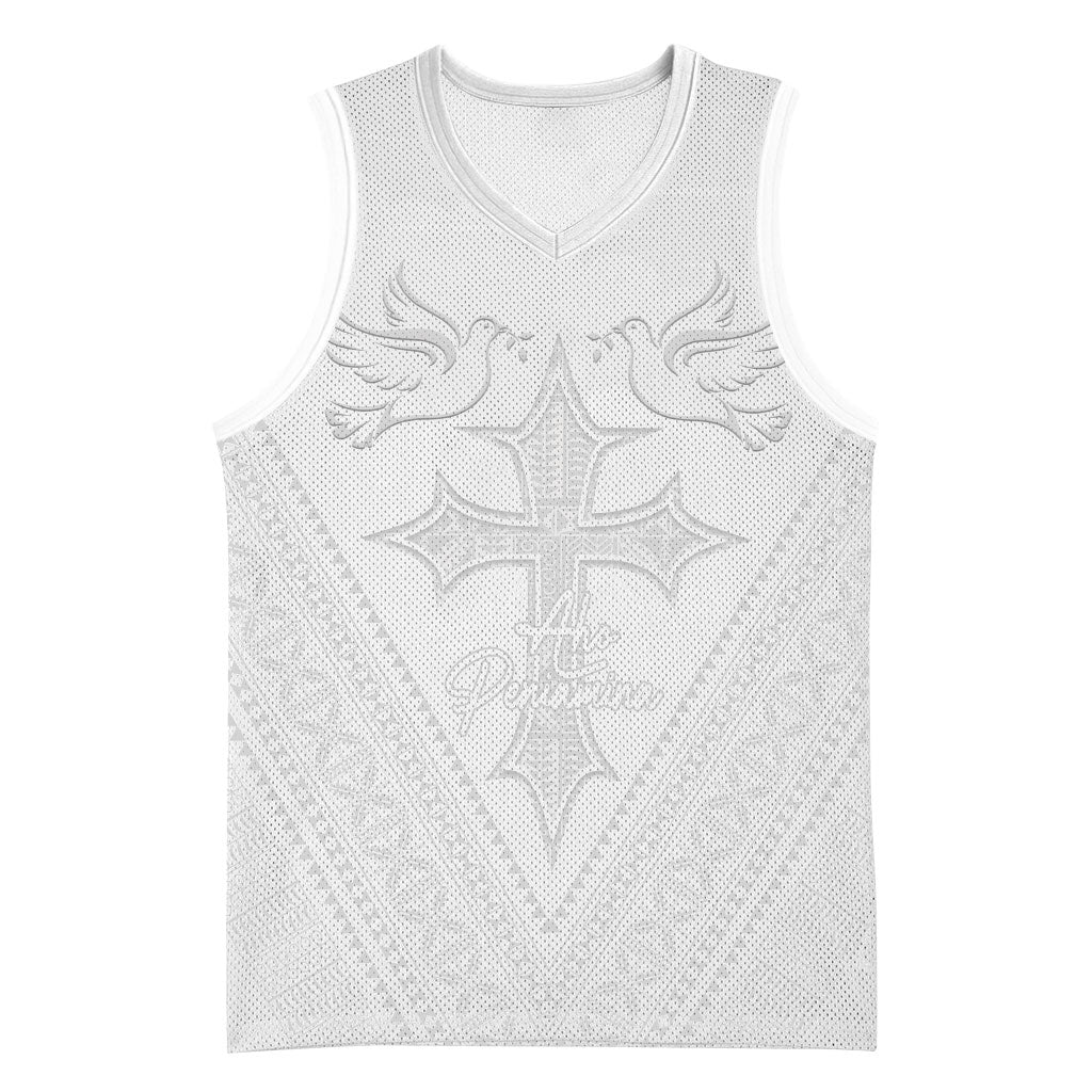 Peniamina Gospel Day Niue Basketball Jersey Cross Dove Hiapo Pattern White LT14 Unisex White - Polynesian Pride