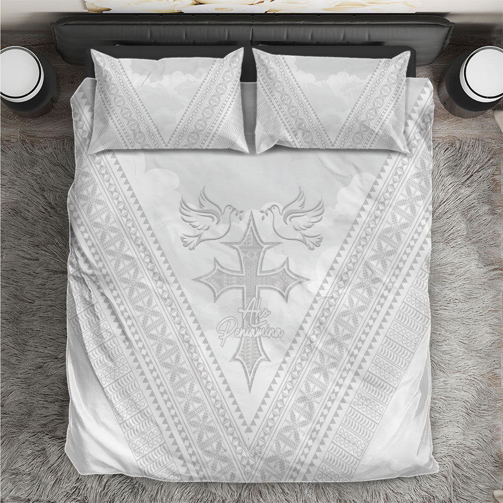 Peniamina Gospel Day Niue Bedding Set Cross Dove Hiapo Pattern White LT14 White - Polynesian Pride