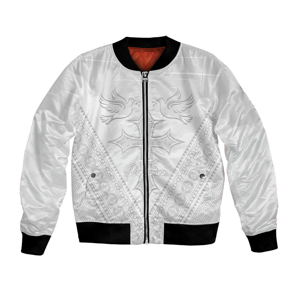 Peniamina Gospel Day Niue Bomber Jacket Cross Dove Hiapo Pattern White LT14 Unisex White - Polynesian Pride