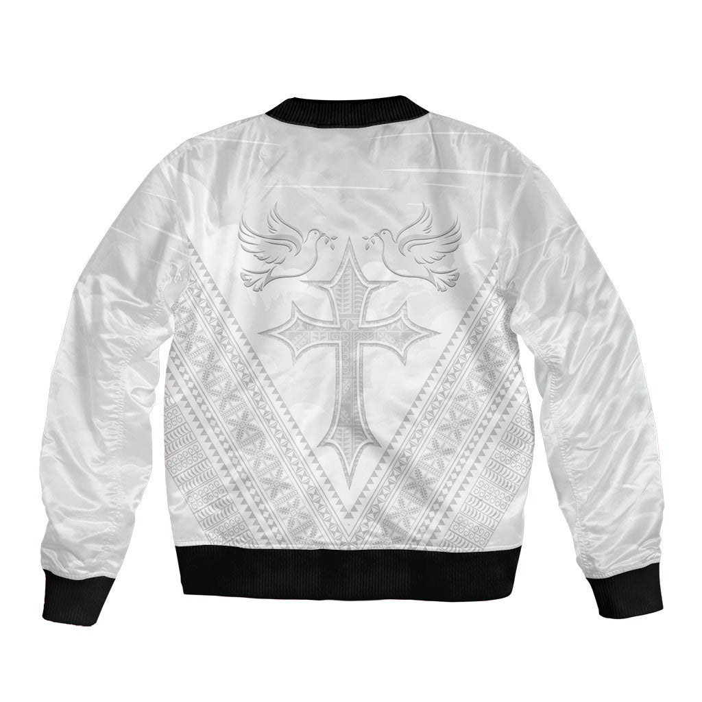 Peniamina Gospel Day Niue Bomber Jacket Cross Dove Hiapo Pattern White LT14 - Polynesian Pride