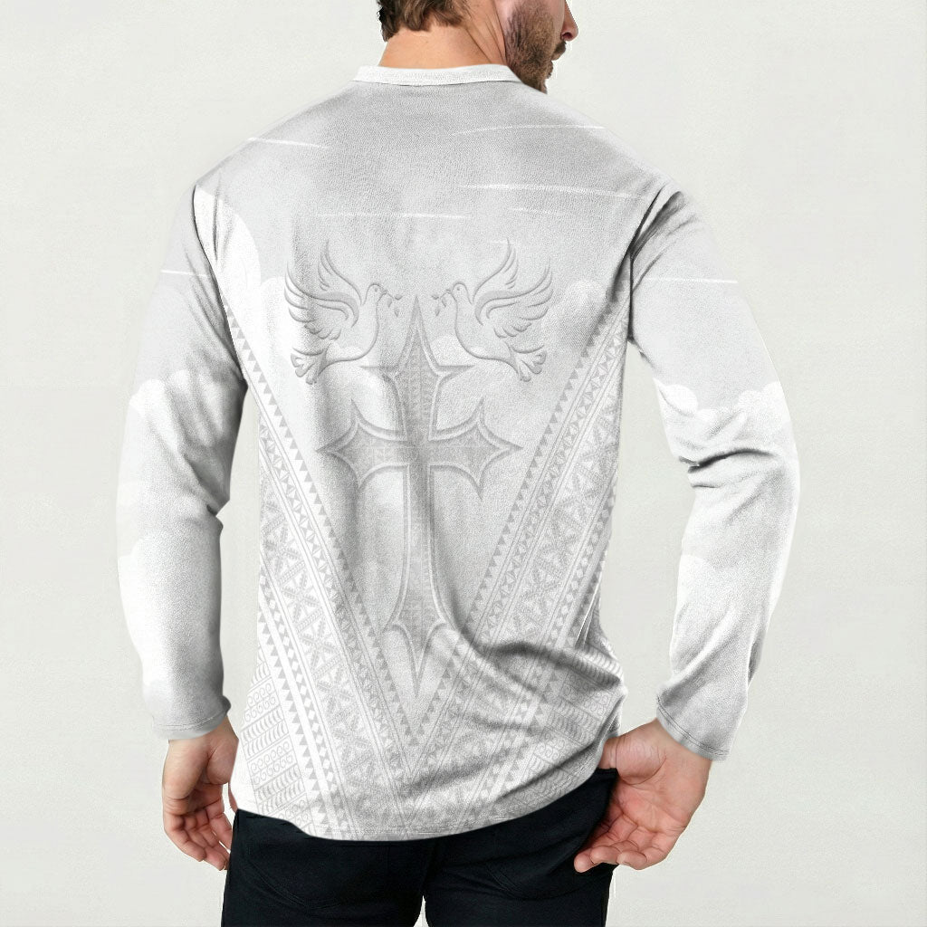 Peniamina Gospel Day Niue Button Sweatshirt Cross Dove Hiapo Pattern White LT14 - Polynesian Pride