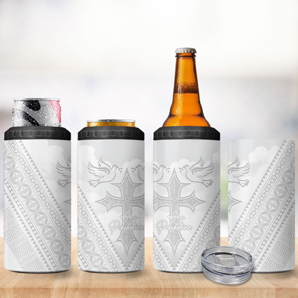 Peniamina Gospel Day Niue 4 in 1 Can Cooler Tumbler Cross Dove Hiapo Pattern White LT14 - Polynesian Pride