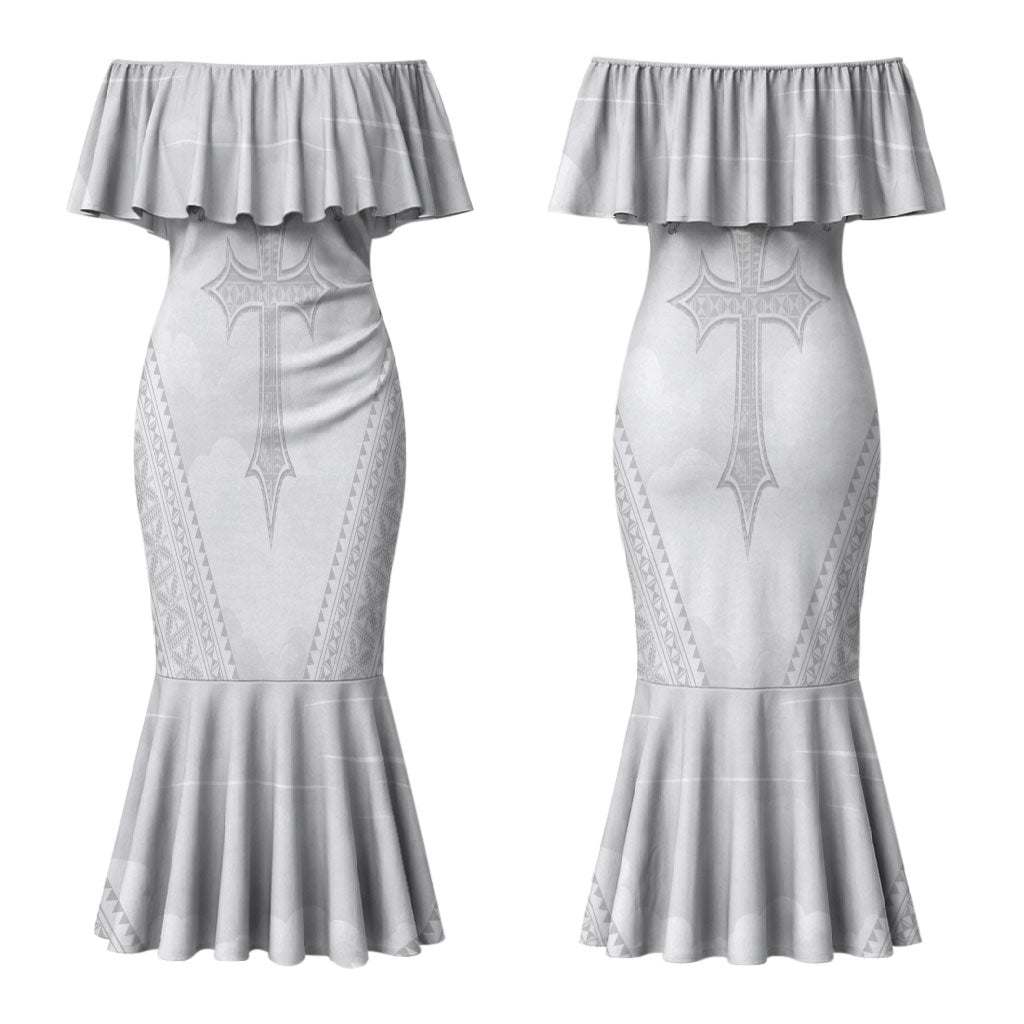 Peniamina Gospel Day Niue Couples Matching Mermaid Dress and Long Sleeve Button Shirt Cross Dove Hiapo Pattern White LT14 - Polynesian Pride